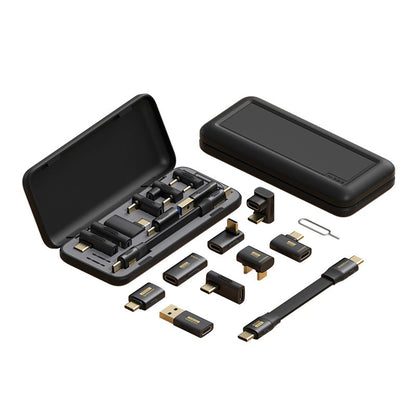 Set of electronic connectors and adapters with a black carrying case on a white background