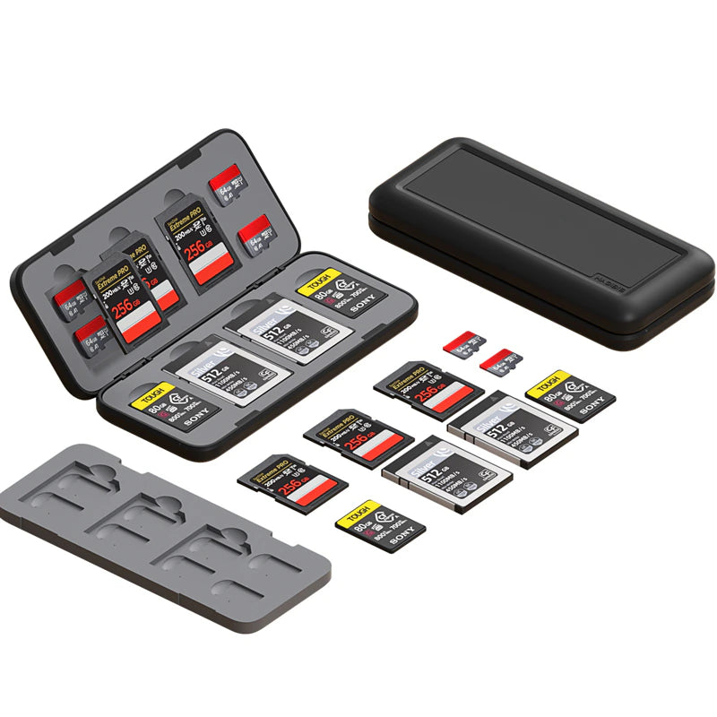 A set of SD cards shown with multiple protective cases on a plain white background. The products include several black and red SD cards, a black hard-shell protective case, a gray foam insert tray, and a second black case viewed from the back.