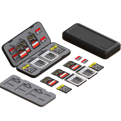 A set of SD cards shown with multiple protective cases on a plain white background. The products include several black and red SD cards, a black hard-shell protective case, a gray foam insert tray, and a second black case viewed from the back.